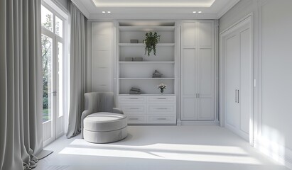 Fototapeta na wymiar Modern luxury dressing room with white and grey colors,