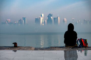 Doha, Qatar - September 09, 2023: Doha Corniche in foggy morning. No face