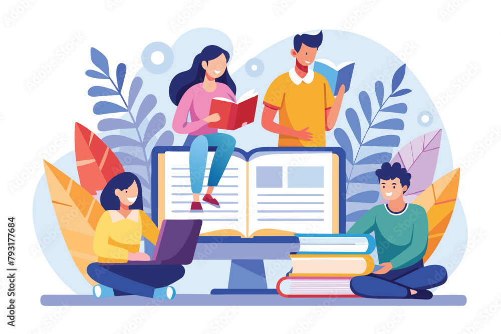 Poster a group of people sitting together, focused on reading and studying from a book, group of people rea