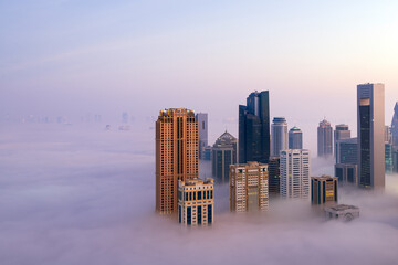 Doha Aerial view of West bay Doha during fog 
