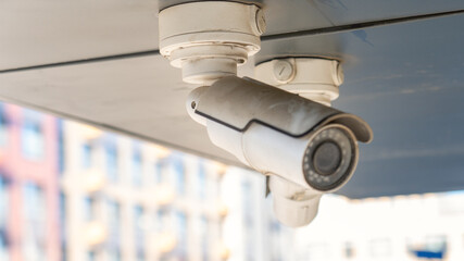 Building security system with video surveillance cameras close-up. Outdoor CCTV Cameras. Two white...