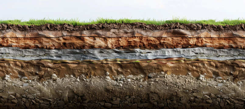 Section of soil with underground water, layers of earth and rocks