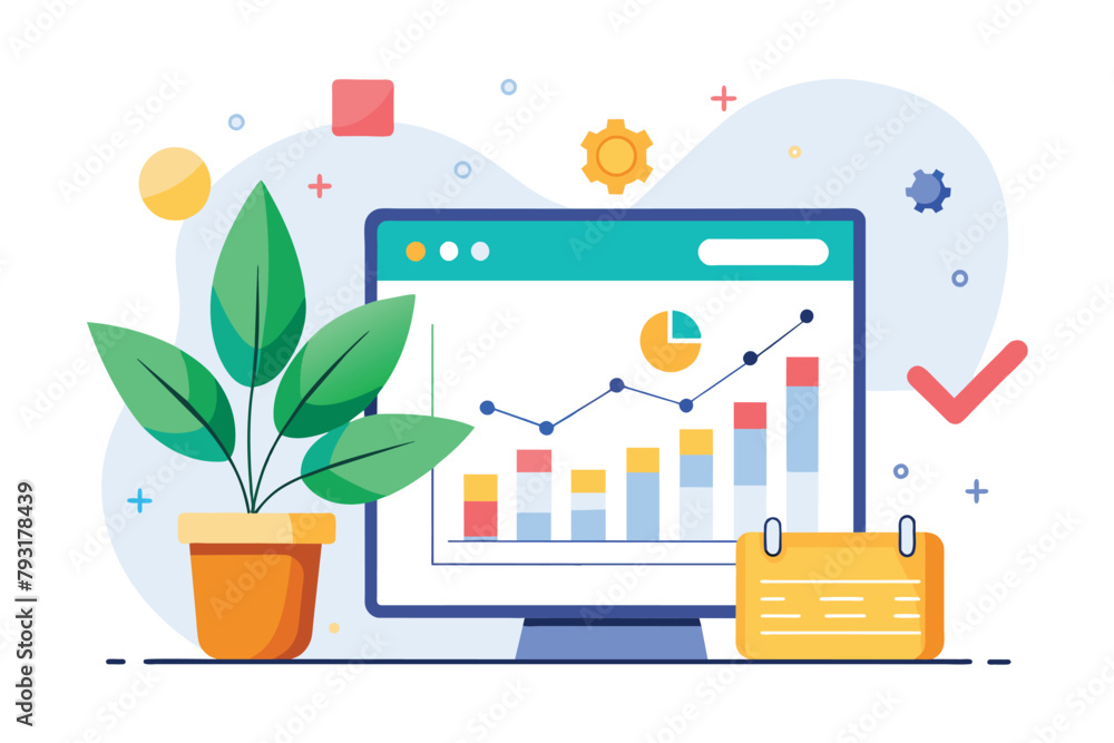 Poster a computer screen shows growth data while a plant sits next to it, growth data presentation and cale