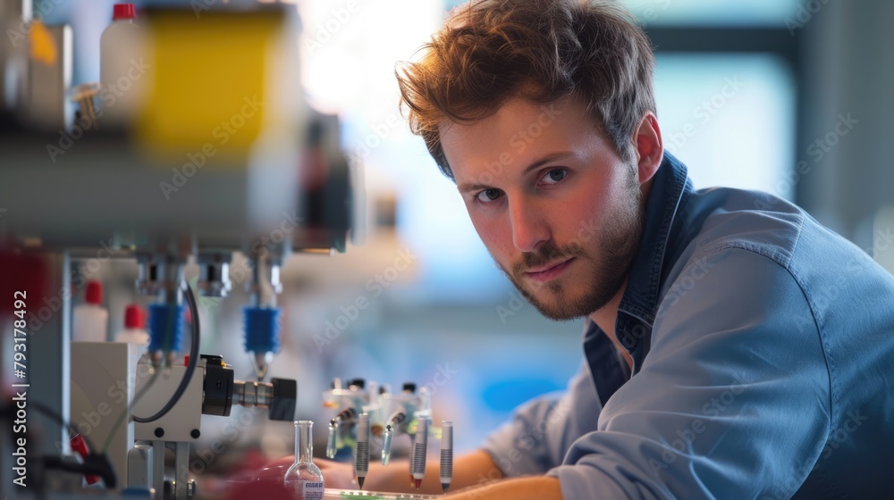 Poster an engineer is conducting experiments in a science lab, wearing a lab coat. aig41