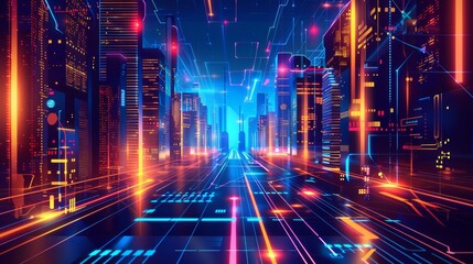 Fototapeta na wymiar Neon city street with futuristic architecture. Digital art of cyberpunk cityscape with dynamic lighting