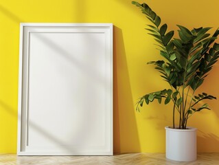 Blank White Photo Frame Mockup on Yellow Background, Minimalist Design, Presentation Template, Graphic Design - Marketing, Interior Decor.
