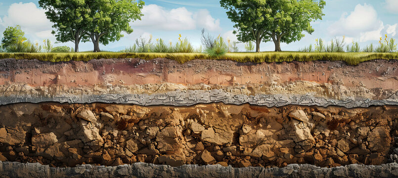 Section of soil with underground water, layers of earth and rocks