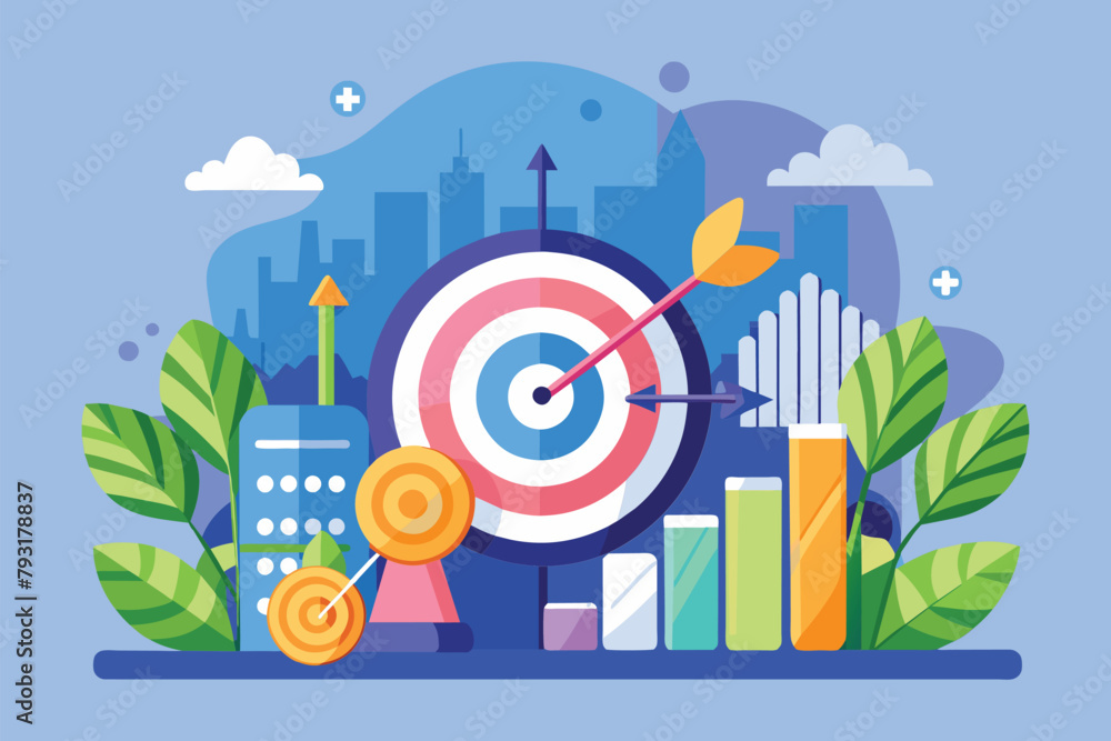 Poster an arrow pierces the center of a target in a graphic representing the concept of hitting growth data