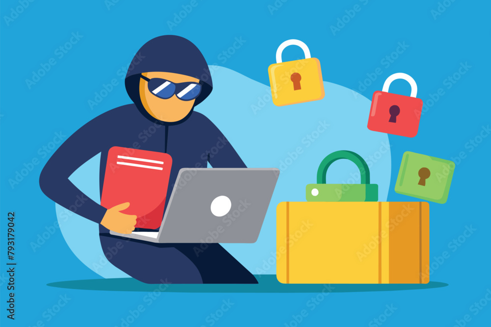 Poster a person sits on the ground, using a laptop, hacker break into locked folder, simple and minimalist 