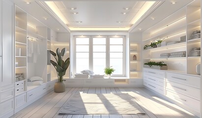 Modern luxury white dressing room with wardrobe and shelves, window light, 3D rendering, in the style of +