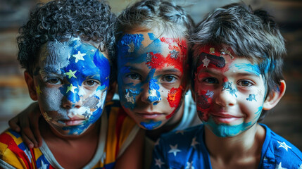 children with face painting in the colors of the American flag
