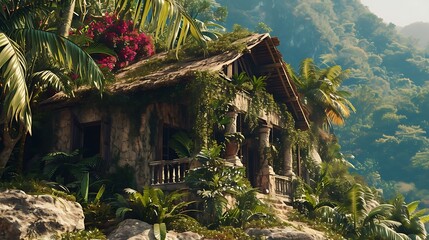A hut deep within the jungle, its facade adorned with vibrant flora, blending seamlessly into the lush, green canopy that envelops it.