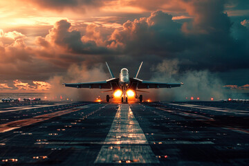 Military aircraft carrier fighter jet taking off from the runway against a dramatic sky background