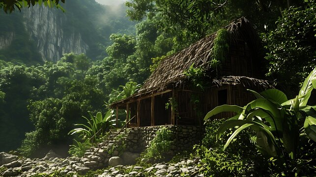 A hut deep within the jungle, its facade adorned with vibrant flora, blending seamlessly into the lush, green canopy that envelops it.