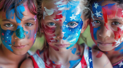 children with face painting in the colors of the American flag
