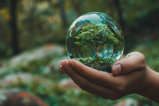hand hoding a glass sphere with miniature tree inside (1)