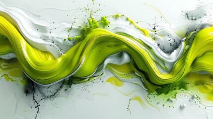   A white background is adorned with abstract green and white swirls, blotches, and splatters, achieved through the artful application of paint - obrazy, fototapety, plakaty