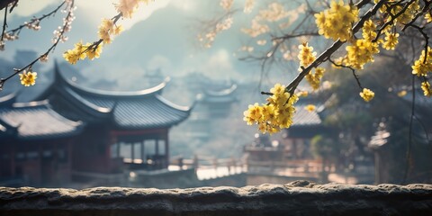 Ancient asian japanese chinese old vintage retro town city building temple with nature tree flowers background scene view