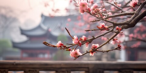Ancient asian japanese chinese old vintage retro town city building temple with nature tree flowers background scene view
