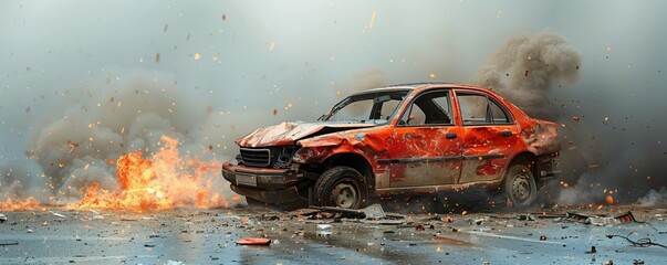 Orange car in explosive accident scene - obrazy, fototapety, plakaty