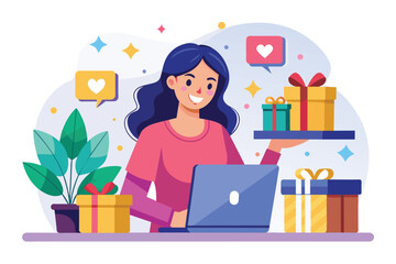Woman sitting at table with laptop, shopping online and receiving promotional offers, Happy woman shopping online and getting promotional gifts, Simple and minimalist flat Vector Illustration
