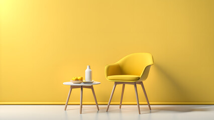 A yellow chair sits in front of a white table with a bottle and a bowl of fruit