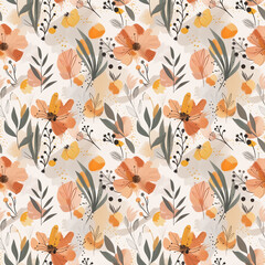 Seamless Pattern with Doodle Pastel Flowers and Foliage on Light Background. Textile Design, Wrapping Paper, Stationery Background, Creative Projects