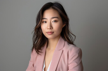 Obraz premium Corporate, business and portrait of Asian woman in studio for legal justice, professional career and job. Lawyer, employee and person with pride for company, law and justice on gray background