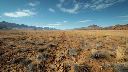 Area suffering from drought with dry soil and sparse vegetation. Concept Drought, Dry Soil, Sparse Vegetation, Water Conservation, Desert Ecosystem