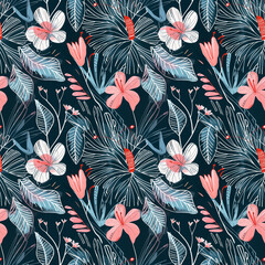 Seamless Pattern with Doodle Pastel Flowers and Foliage on Dark Background. Textile Design, Wrapping Paper, Stationery Background, Creative Projects
