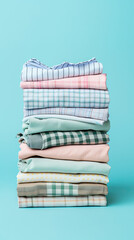 Stacks of clean folded ironed clothes on pastel blue background