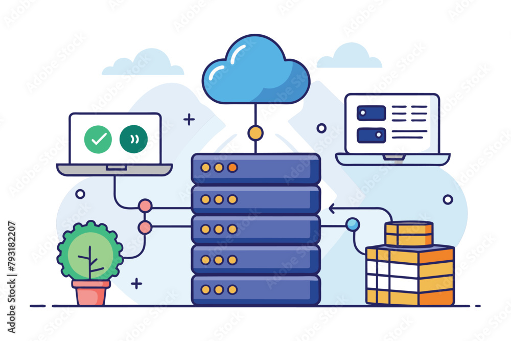 Poster a stack of data beneath a cloud, representing data hosting, backup, and management, hosting backup a