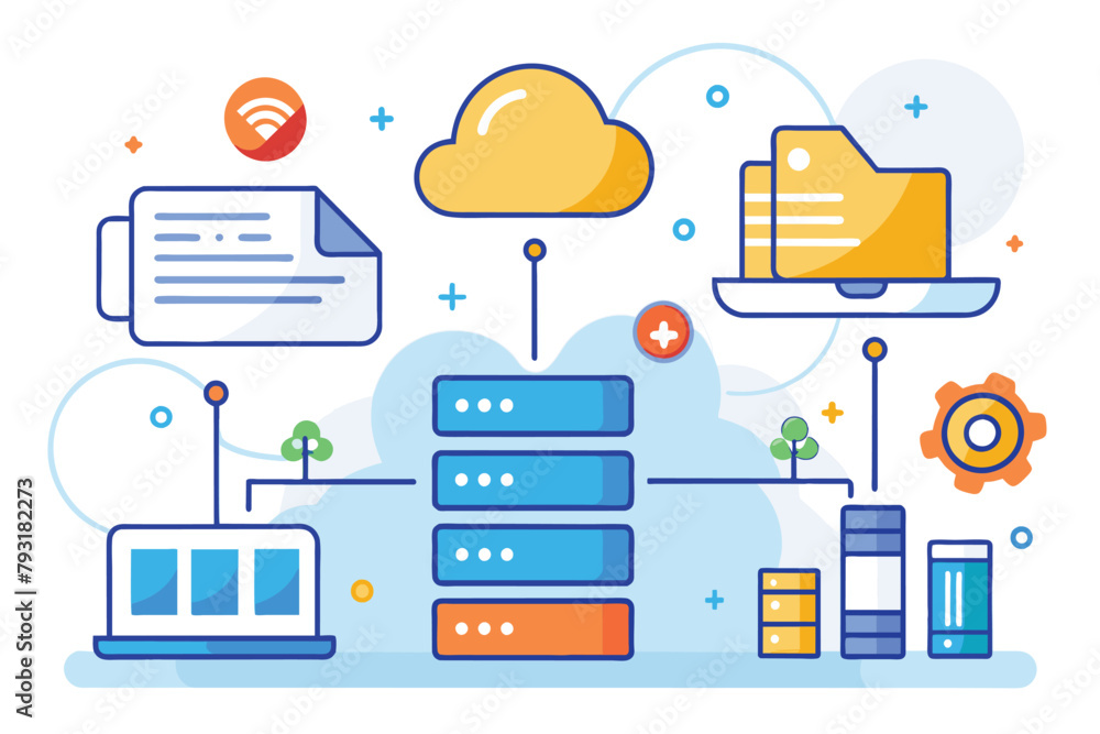 Canvas Prints A cloud holding a computer and laptop on top of it, hosting backup and management big data, Simple and minimalist flat Vector Illustration