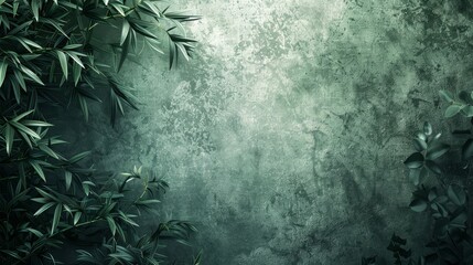 Abstract grunge background green wall with bamboo plants forming a frame for text.