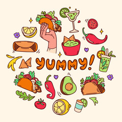 Mexico food doodle icon set. Delicious traditional Mexican cuisine. Burrito, avocado, guacamole, chili, tequila, taco. Square color celebration background. Social media post. Vector illustration.