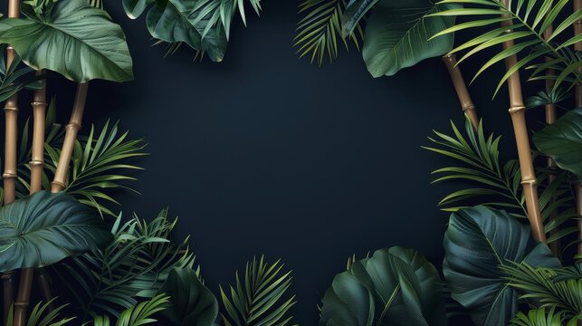 Close-up of green bamboo stems with fresh leaves on a dark background with a copy space for text.