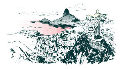 Vector illustration of aerial view of Guanabara Bay, Rio de Janeiro, Brazil. Art in stripped lines, handmade, representing current times. - obrazy, fototapety, plakaty