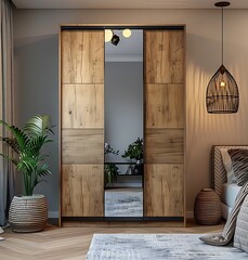 Modern oak wardrobe with sliding doors and mirror, in a bedroom interior design in the style of stock photo