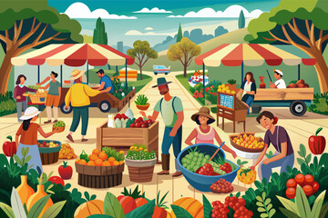 A bustling farmers market focused on locally sourced, organic produce, emphasizing sustainable practices.
