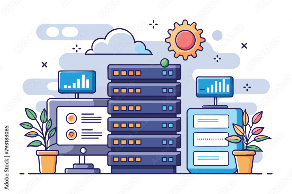 Poster a stack of data with a sun shining above it in a digital concept, hosting technology server maintena