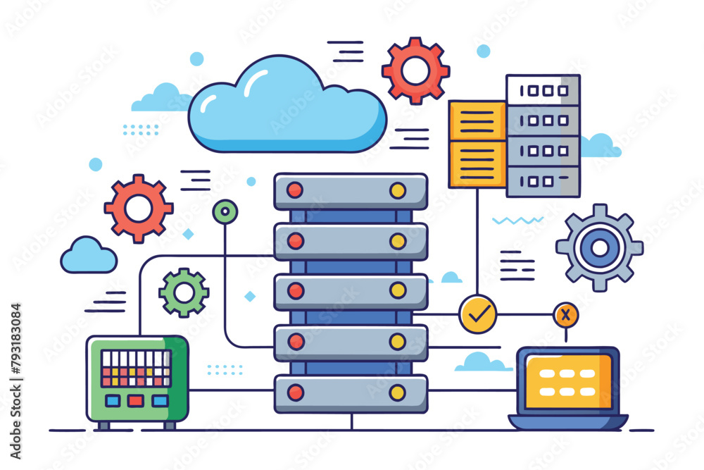 Poster a stack of data files with a cloud hovering above them, hosting technology server maintenance servic