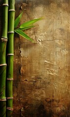 Obraz premium Bamboo stems on a rugged wooden textured background with natural tones.