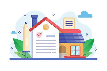 A simple, minimalist house stands next to a pencil and paper, House contract concept, Simple and minimalist flat Vector Illustration
