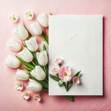 Greeting card for spring holidays, white tulip flowers over pink background with copy space. Template for Mother's Day. Floral picture created with generative ai.