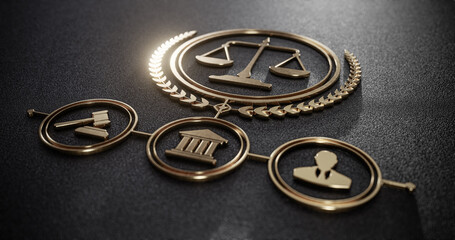 Golden Scales of Justice and Legal Icons: symbolizing Law and Order. Legal System concept