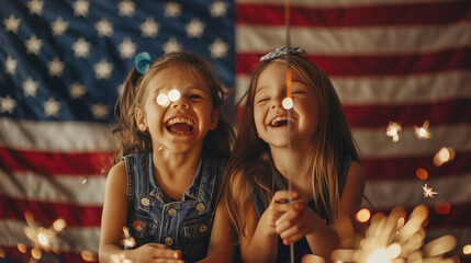 happy children holding a sparkler with the American flag in the backdrop
