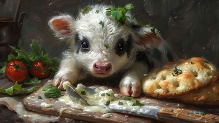   A painting of a baby calf by a cutting board with a slice of bread and a tomato