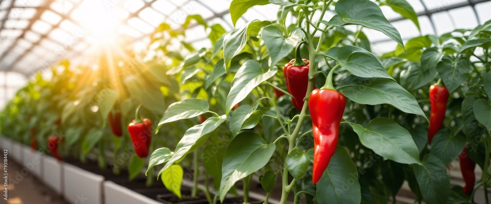 Wall mural Red bell peppers growing inside a greenhouse