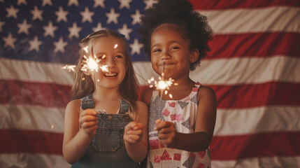 happy children holding a sparkler with the American flag in the backdrop