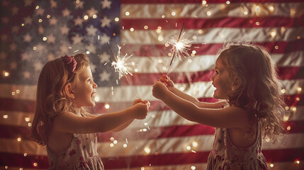 happy children holding a sparkler with the American flag in the backdrop